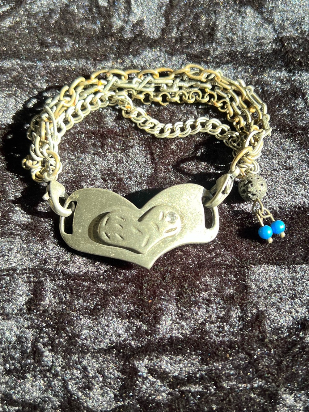 Silver Heart Link Multi-Chain Bracelet with Blue Accent Beads
